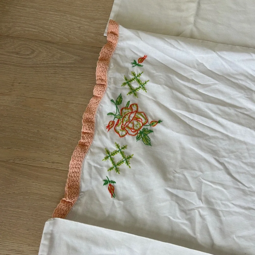 (3) Vintage Hand Embroidered Pillowcase Set Bird Floral Rose Crochet Trim White